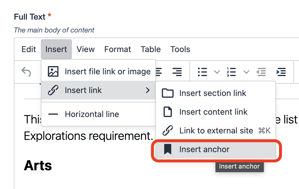 Screenshoot of where to locate Insert Anchor